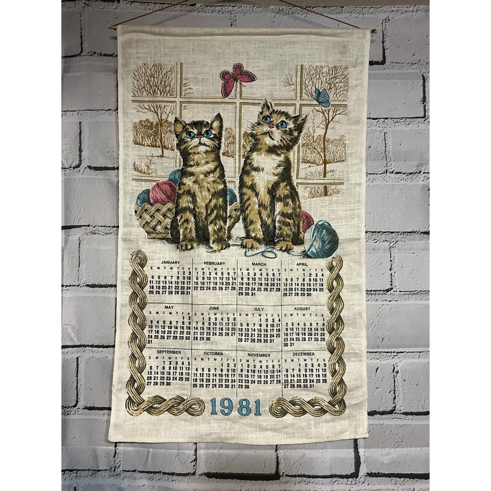 Vintage 1981 Linen Tea Towel Wall Calendar Kittens Cats Yarn Butterflies Retro